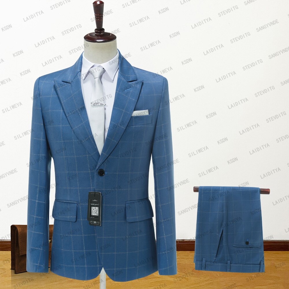 New Arrival Blue Plaid Men Suits Peaked Lapel Custom Made Slim Fit Tuxedo Masculino Blazer Prom Daily Wear 2 Pcs Jacket+Pants