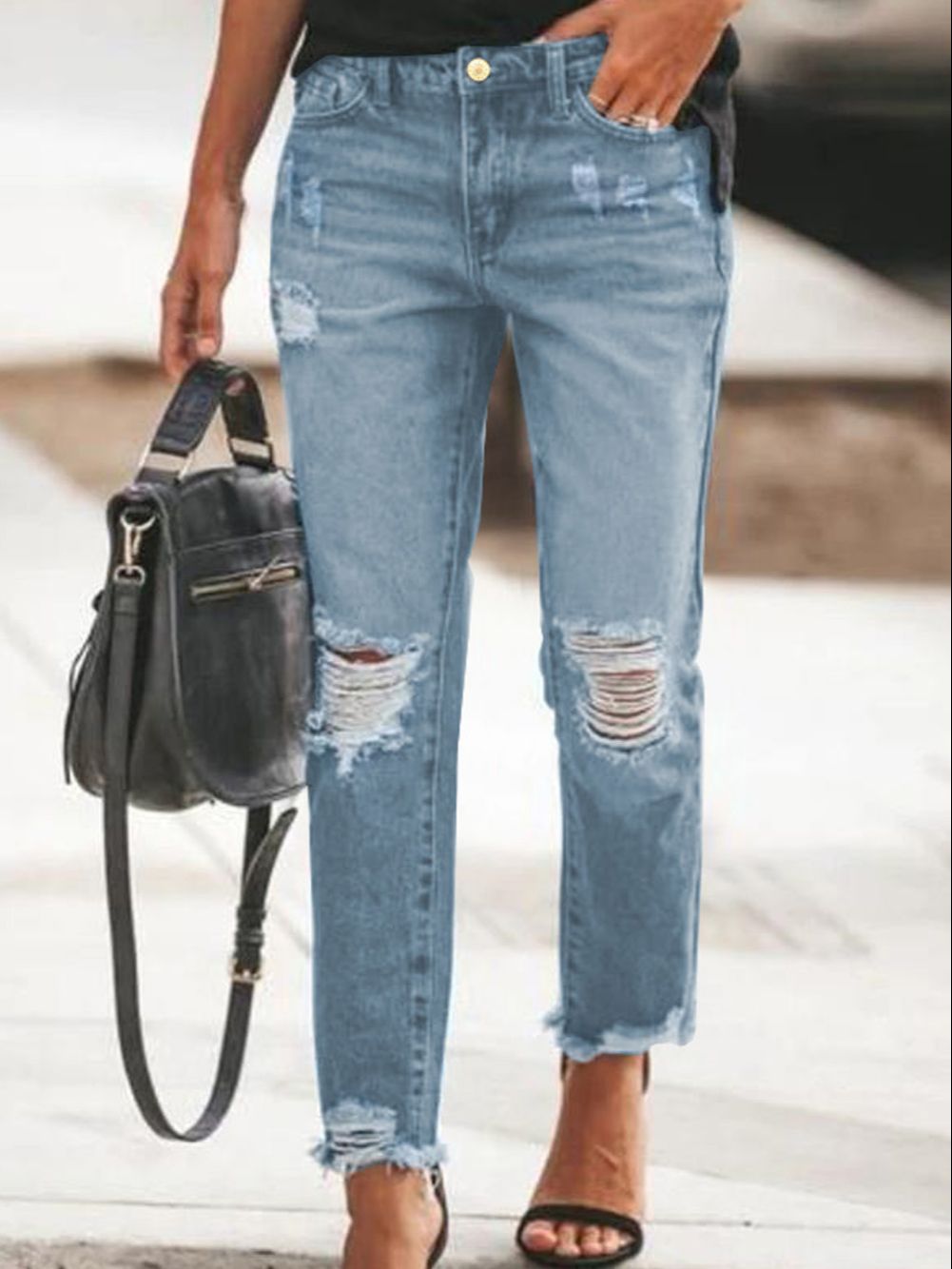 Women's Jeans Straight Mid Waist Ripped Jeans