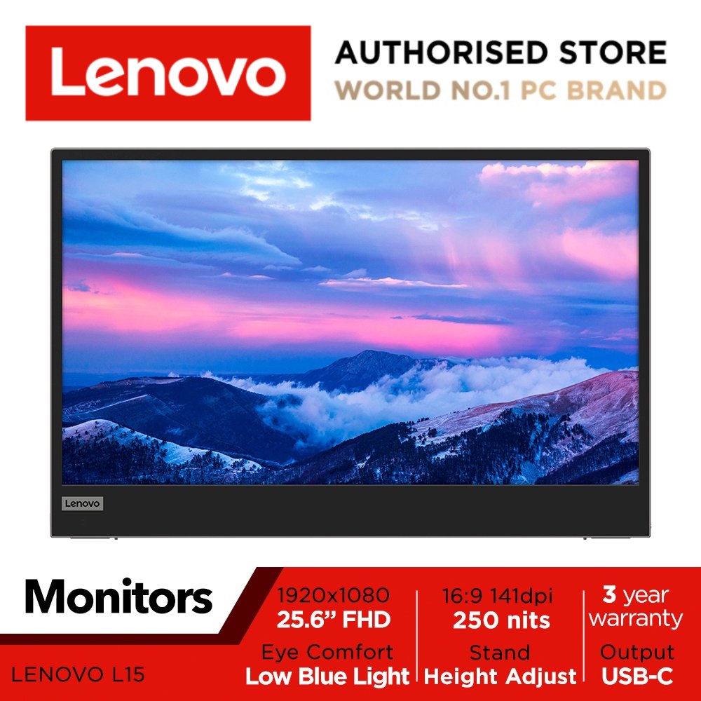 Lenovo L15 Mobile Monitor | 66E4UAC1WW | 15.6" 1920x1080 60 Hz | 16:9 250 nits | 141 dpi 45% NTSC | Height Adjust Stand | 3Y Warranty